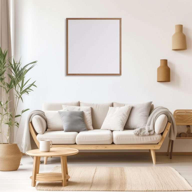 photo d'un canapé ambiance nordique avec gros coussins beige et table basse en chêne clair