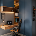 photo d'un bureau dans les tons bleu foncé et bois, avec bureau suspendu et placards intégrés