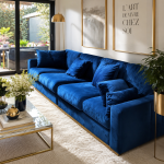 photo d'un salon avec un très grand canapé bleu électrique et doré sur un tapis beige et devant une table basse en marbre et en verre