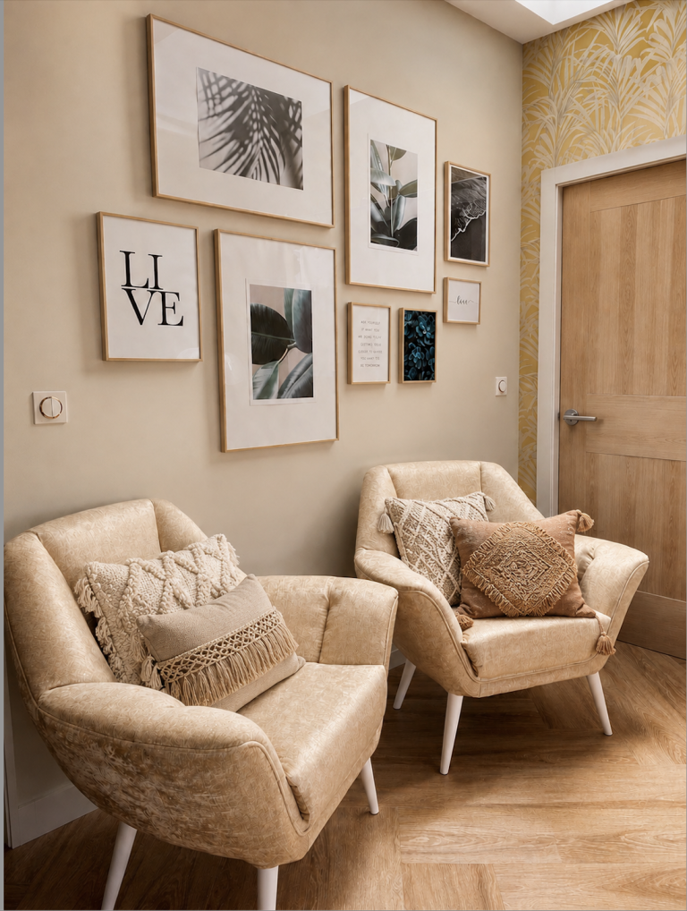 photo de deux fauteuils jumeaux aux couleurs beige agrémentés de coussins dans les mêmes tons et des cadres décoratifs au mur
