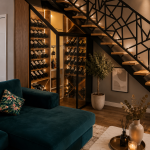 cave à vins rétro-éclairée installée sous un escalier moderne, en bois et acier