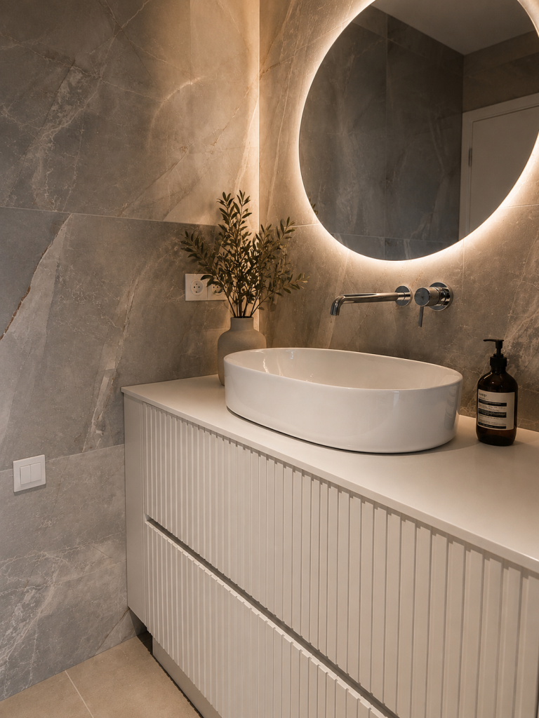 photo d'une salle de bain vasque individuelle avec miroir rond rétro-éclairé et décoration murale nervurée
