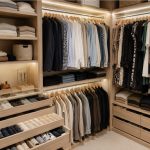 photo d'un dressing moderne avec éclairage LED dans la penderie, vêtements visibles sur les cintres et dans les tiroirs