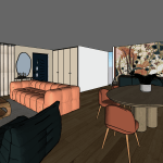 Plan de projection d'un salon design avec canapé ornage tapisserie colorée et table ronde en bois