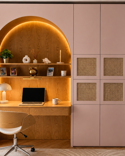 photo d'un bureau fait sur mesure aux couleurs rose poudré, avec une alcôve arrondie et des placards et étagères intégrés