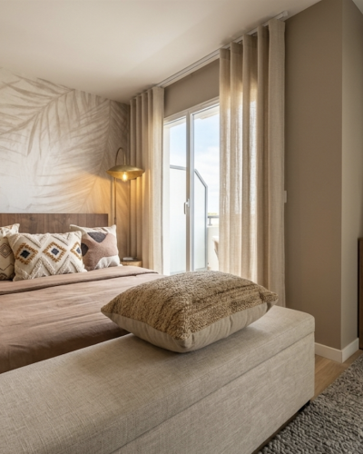 photo d'une chambre décorée avec des éléments modernes, dans les tons beige et marron, un pan de mur feuillu et des luminaires de chaque côté du lit