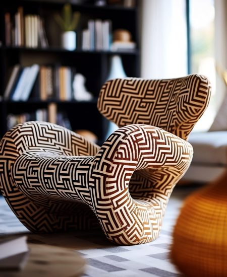 photo d'un fauteuil contemporain aux couleurs bordeaux et beige et aux motifs géométriques