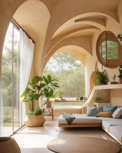 photo d'un salon avec grande baie vitrée, murs et plafonds arrondis et couleur terracotta