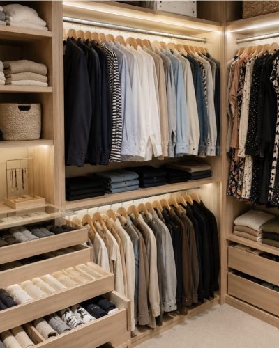 photo d'un dressing moderne avec éclairage LED dans la penderie, vêtements visibles sur les cintres et dans les tiroirs