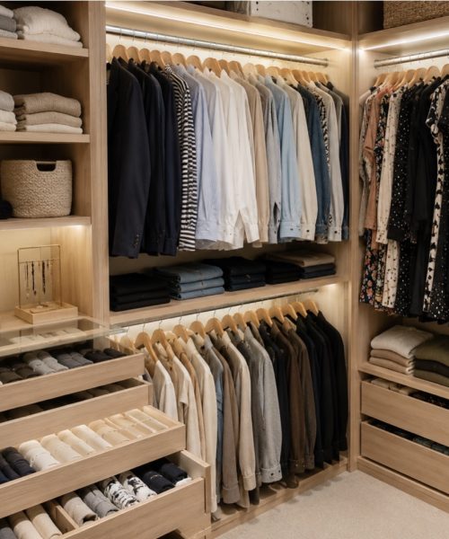 photo d'un dressing moderne avec éclairage LED dans la penderie, vêtements visibles sur les cintres et dans les tiroirs
